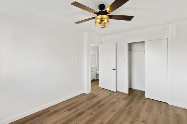 Bedroom with double closet in a renovated home at The Cypress